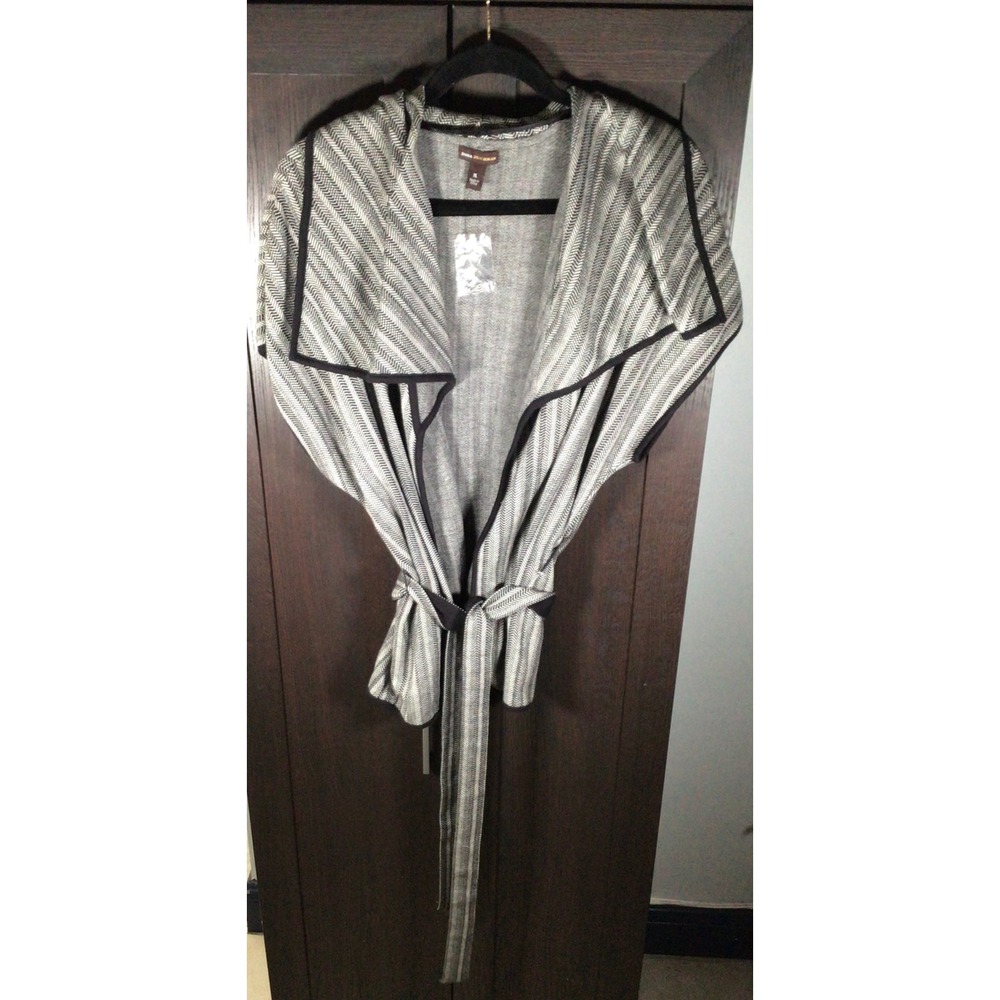 Dana Buchman Womens XL Herringbone Short Sleeve Belted Cardigan Black White